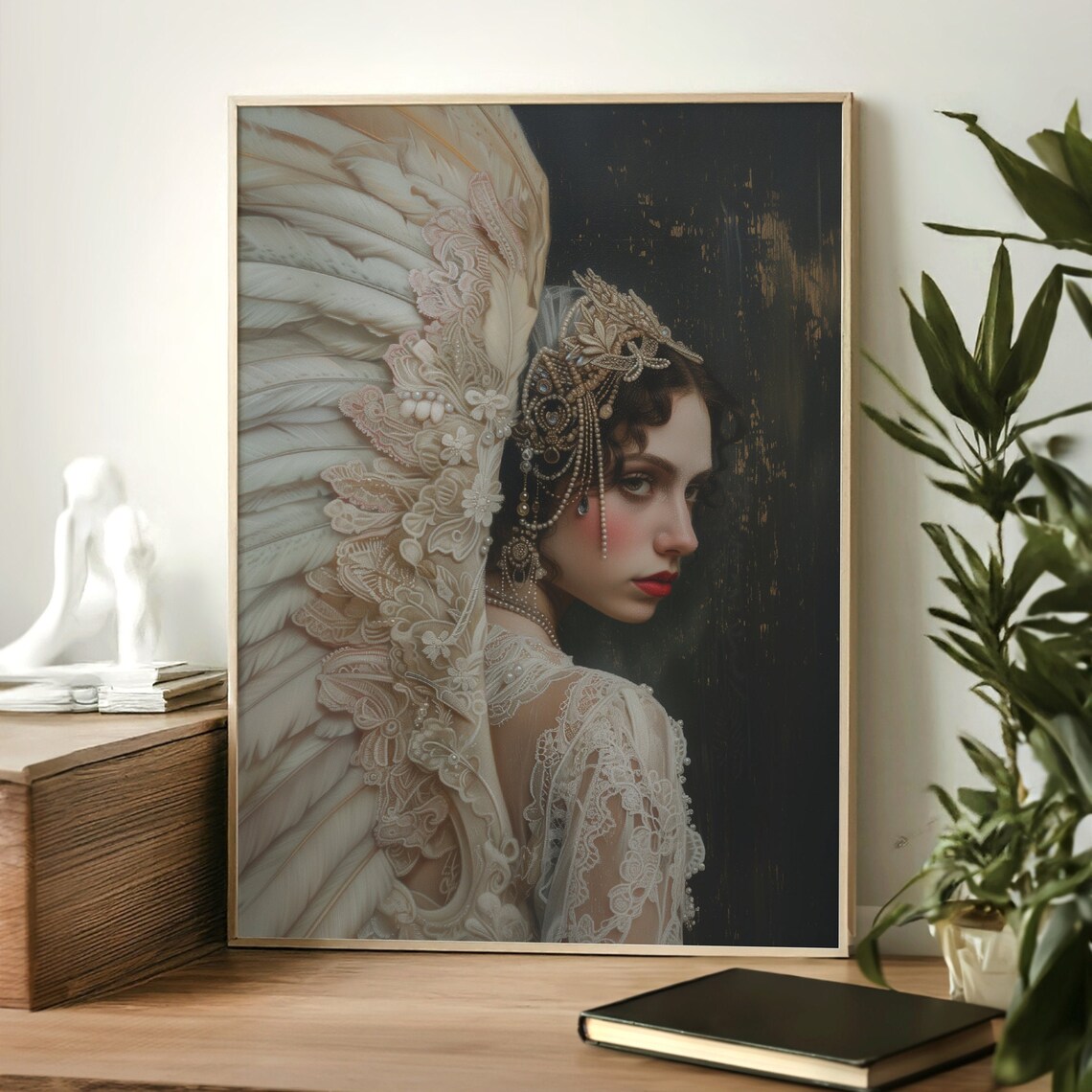 White Winged Angel Woman Lace Gown Pearl Headdress Dark Art Poster - Image 2