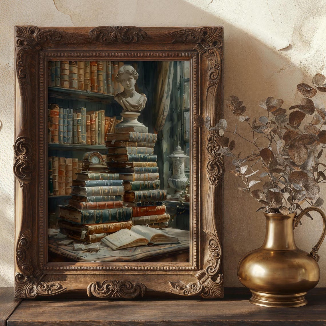 Dark Academia Stack Old Books Marble Bust Library Still Life Poster