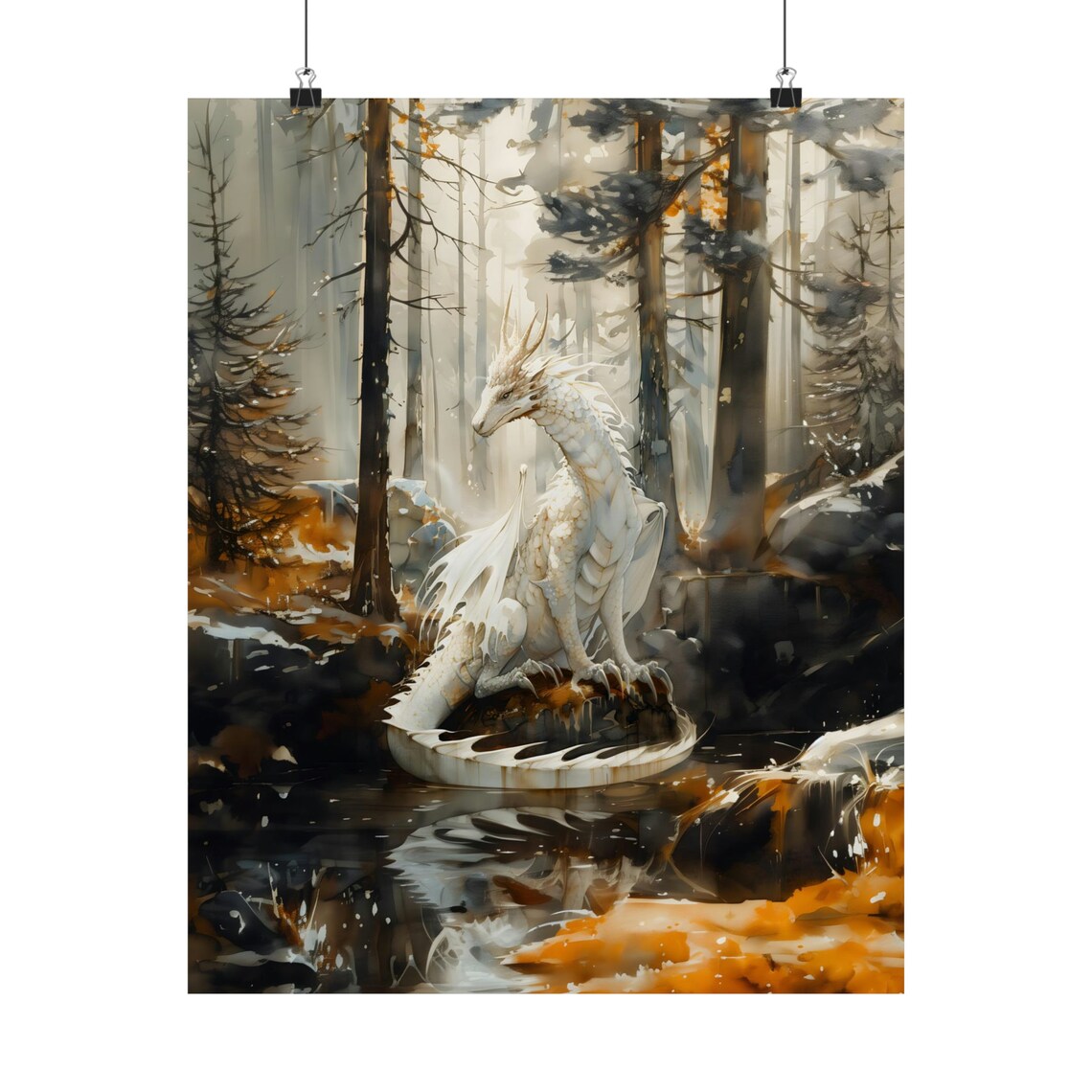 Forest White Dragon Watercolor Art Print, Dark Academia - Image 2