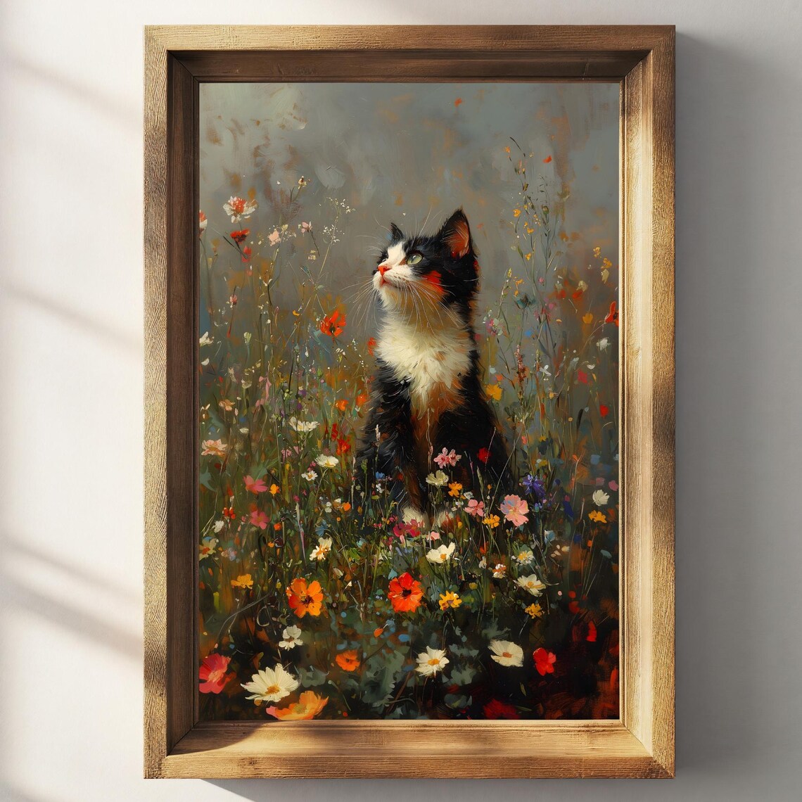 Black And White Kitten Sitting In Wildflower Meadow Vintage Art Poster