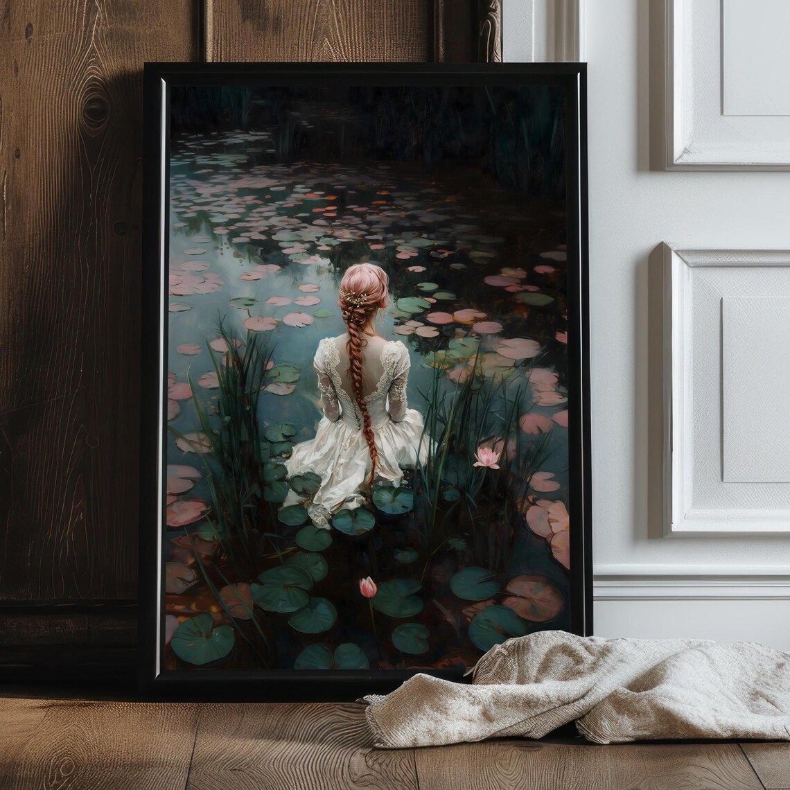 Pink Haired Woman In Water Lily Pond Dark Academia Vintage Art Poster - Image 2
