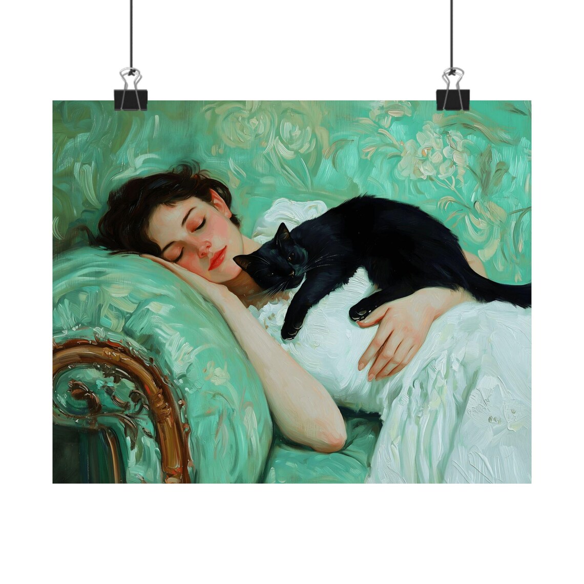 Sleeping Woman With Black Cat On Green Victorian Couch Cozy Cat Art Poster - Image 2