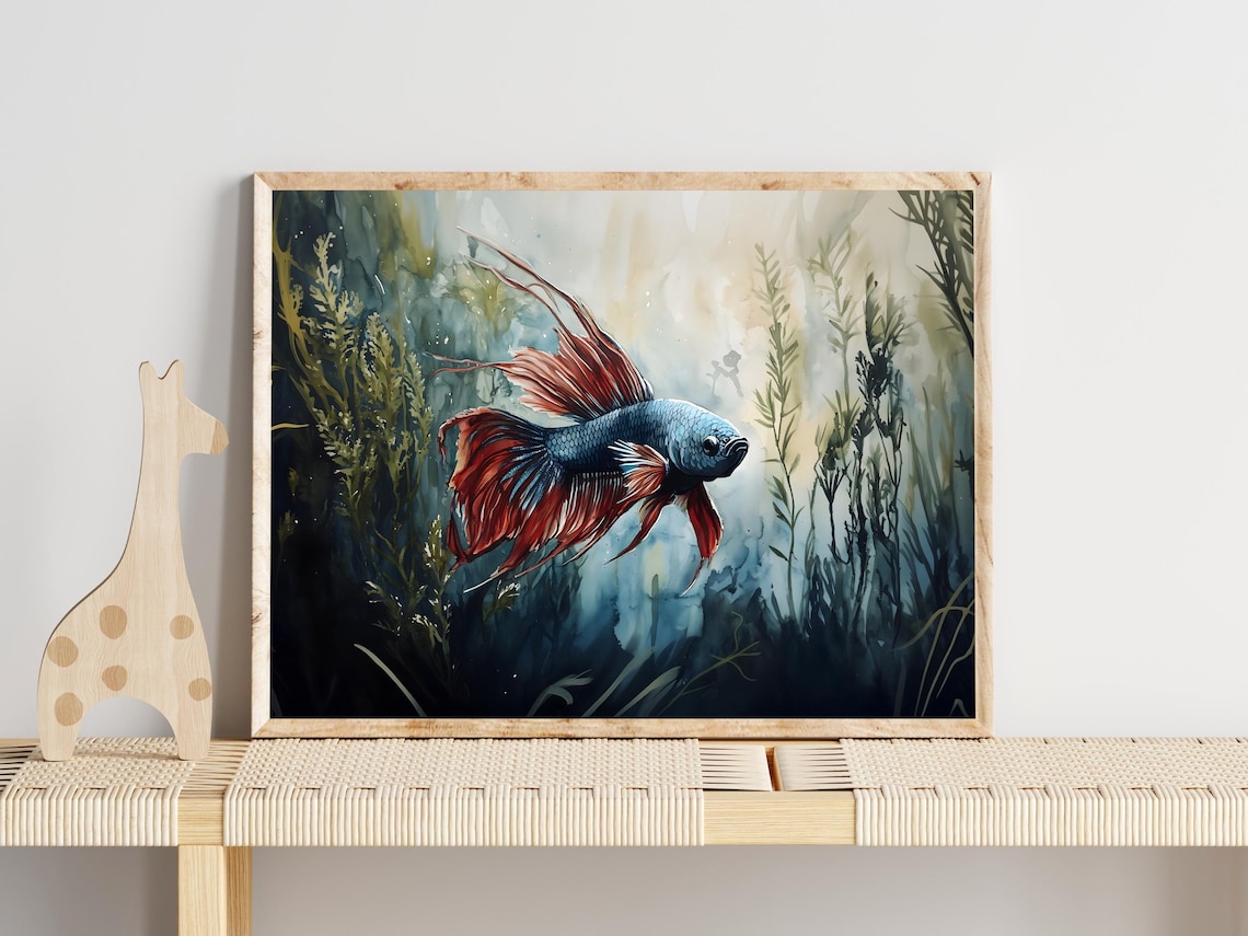 Betta Fish Red Fins Watercolor Aquatic Plants Aquarium Wall Art - Image 2