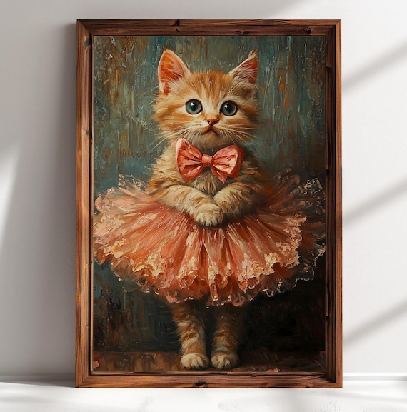 Ginger Kitten Coral Tutu Red Bow Ballerina Cat Vintage Painting Print