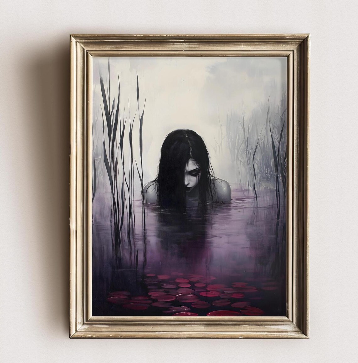 Dark Siren Woman Black Water Red Lily Pads Misty Reeds Gothic Poster - Image 2