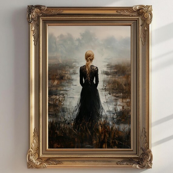 Blonde Woman Black Dress Back View Misty Marsh Wetland Moody Oil Print