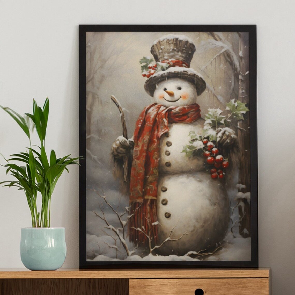 Vintage Christmas Snowman Art Print, Cottagecore Decor - Image 2