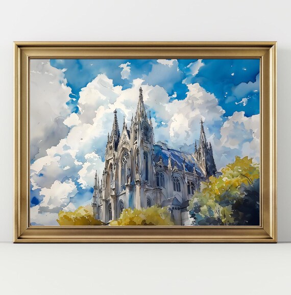 Gothic Cathedral Spires Autumn Trees Blue Cloudy Sky Watercolor Print