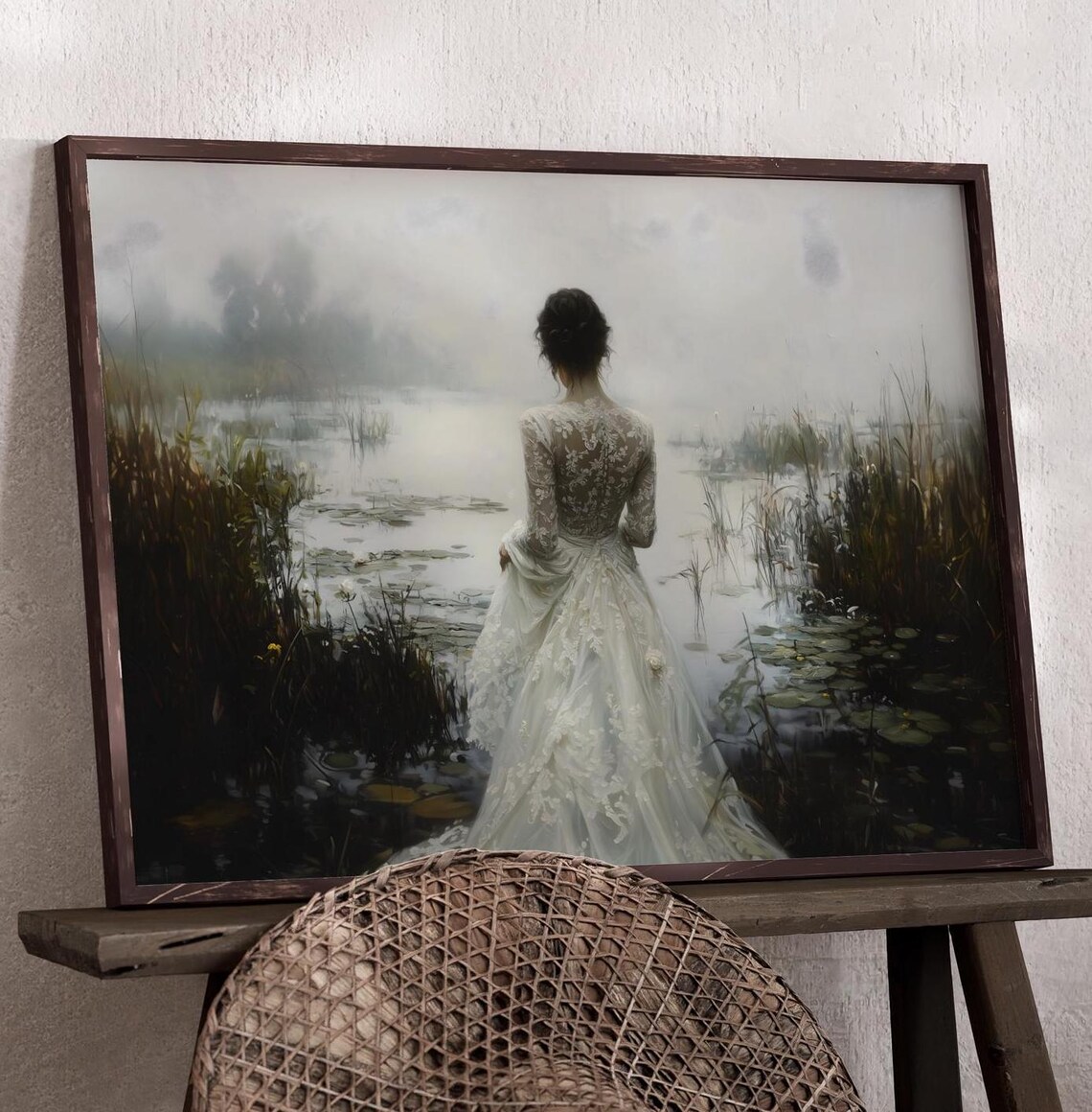 Woman White Lace Gown Back View Standing Misty Lake Reeds Romantic Wall Art - Image 2