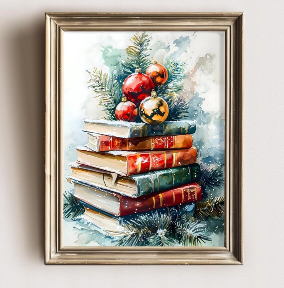 Aquarell Books Rustic Christmas Wall Art Print Painting Dark Cottagecore Moody Dark Academia Decor Seasonal Gothic Book Lover Library Decor