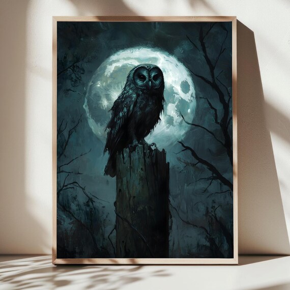 Black Owl On Tree Stump Full Moon Dark Gothic Night Forest Moody Art Print