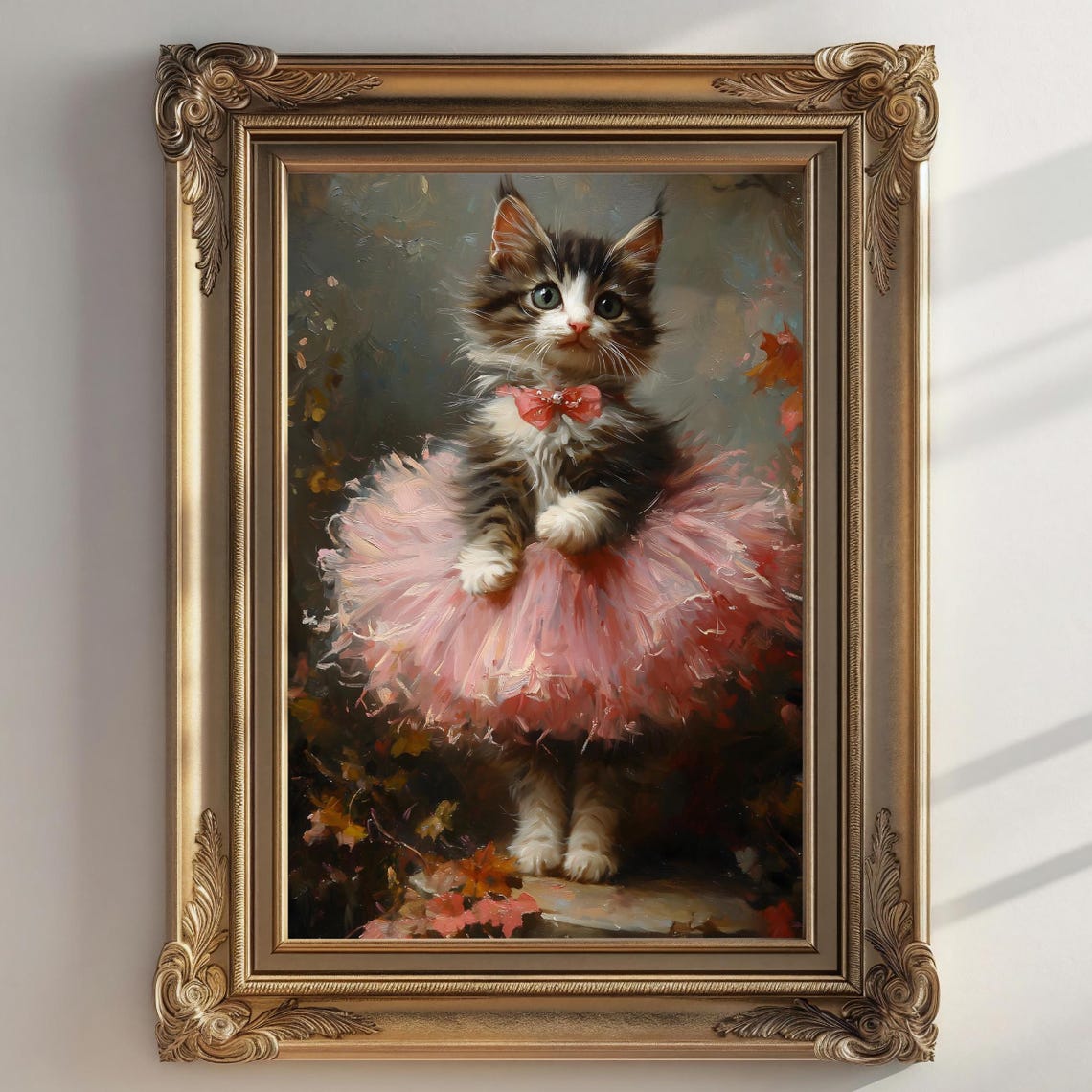 Tabby Kitten Pink Tutu Bow Autumn Leaves Ballerina Cat Art Print - Image 2