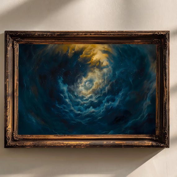 Celestial Wall Art Print Moody Dark Abstract Night Sky Stars Print Academia Decor Blue Gold Maximalist Moody Bedroom Print