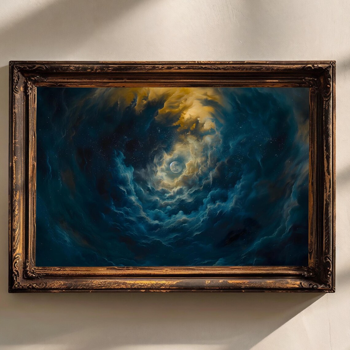 Celestial Swirling Night Sky Moon Deep Blue Gold Clouds Art Poster