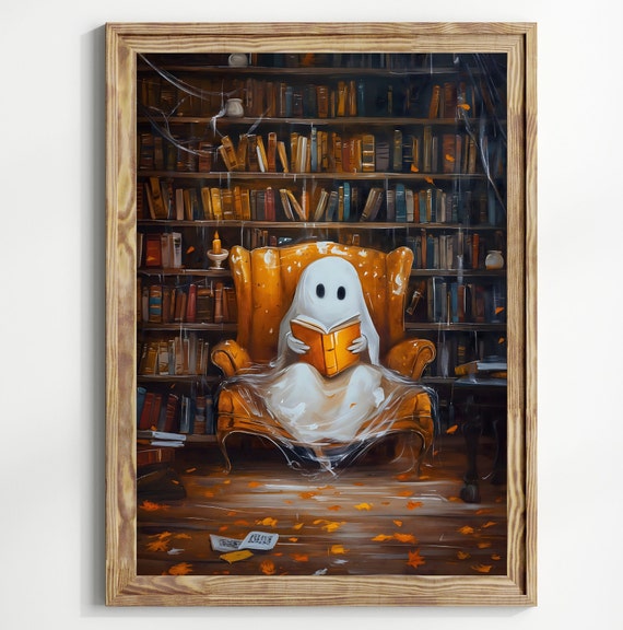 Halloween Ghost Reading a Book, Whimsical Art Print