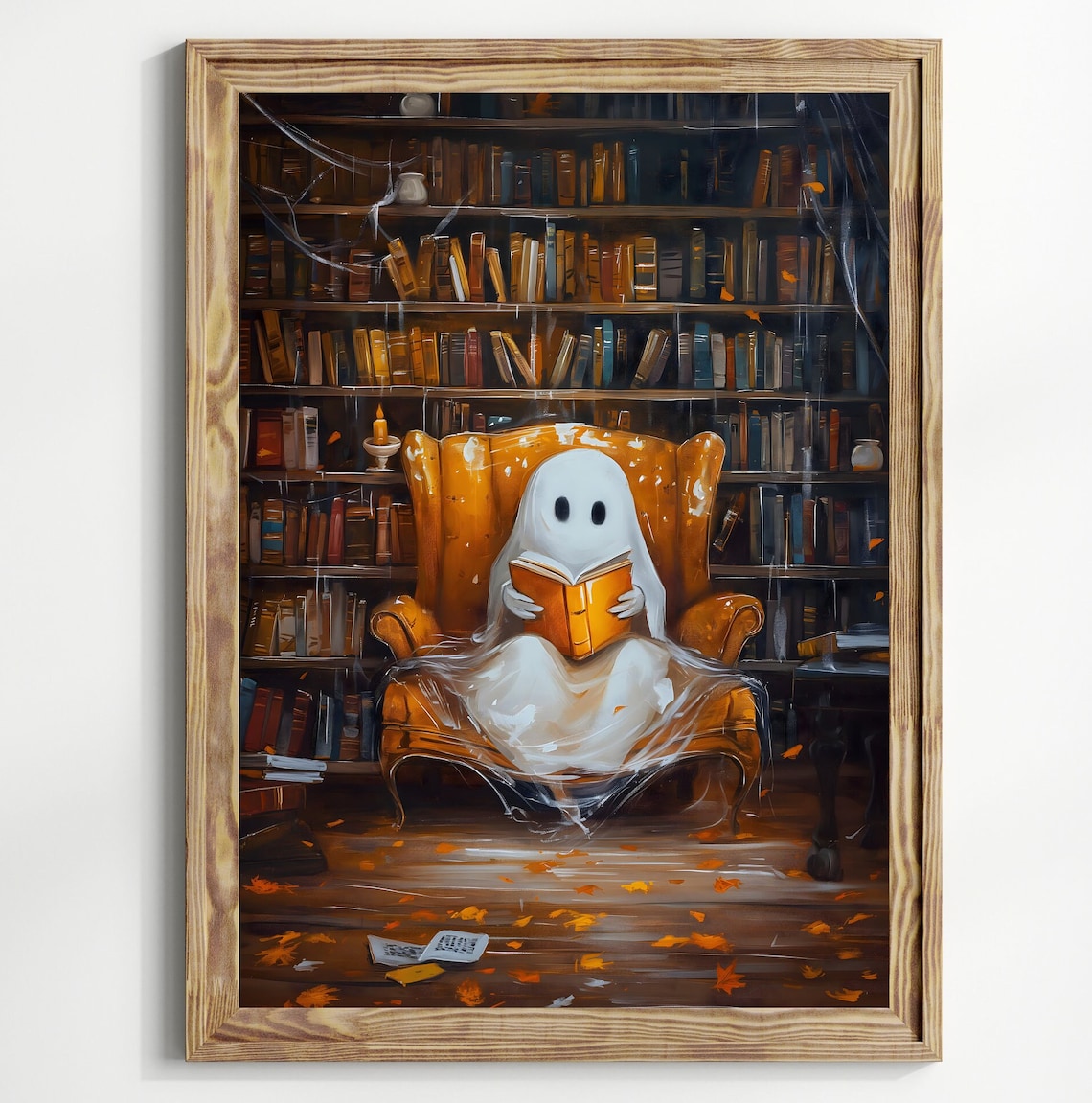 Halloween Ghost Reading a Book, Whimsical Art Print