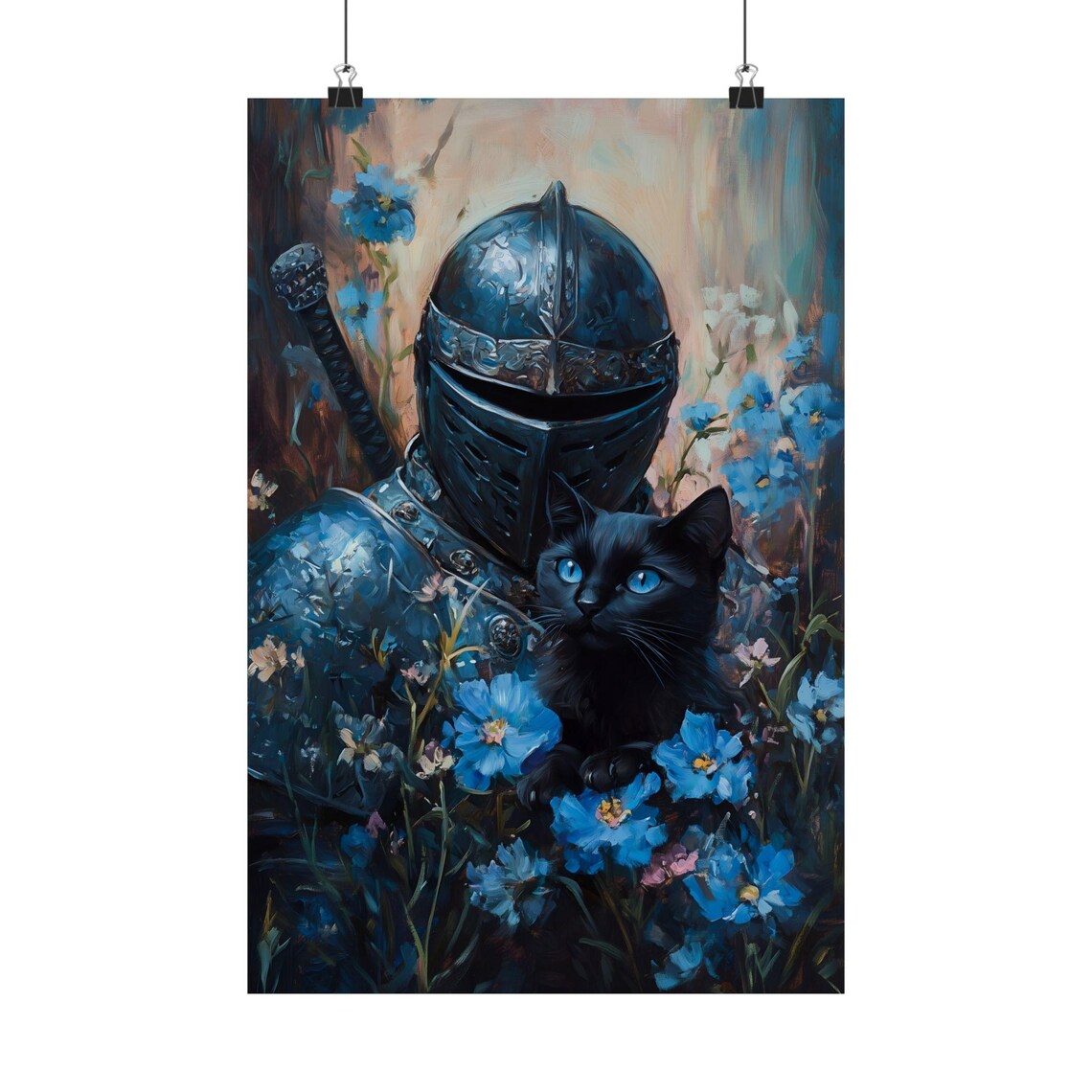 Blue Knight In Armor With Black Cat Blue Flowers Knightcore Fantasy Poster - Image 2