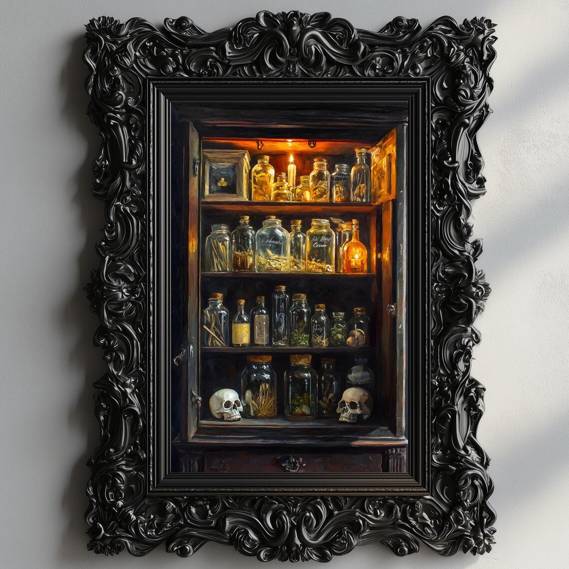 Witchy Apothecary Cabinet Skulls And Potion Bottles Dark Gothic Art Poster