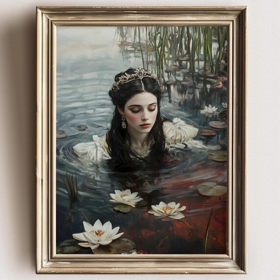 Crowned Lady in White Gown Floating in Lily Pond Dark Art Print