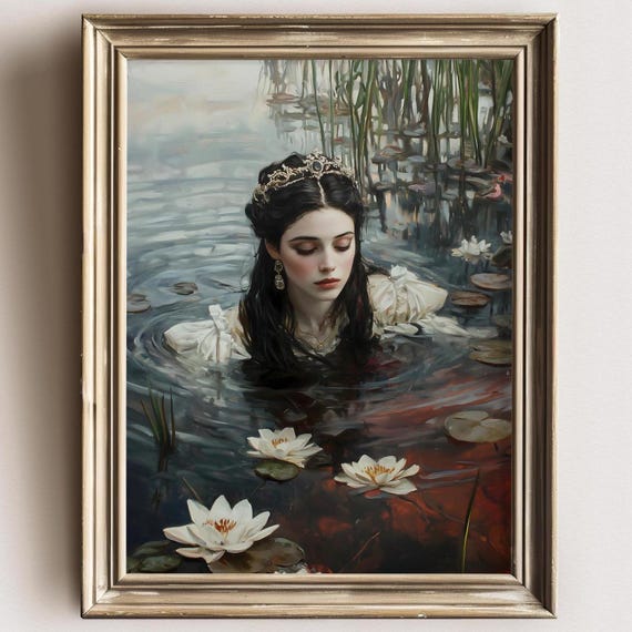 Ophelia Dark Academia Print The Lake Goth Moody Victorian Wall Art Dark Decor Aesthetic Dark Cottagecore Gothic Prints Into Lake