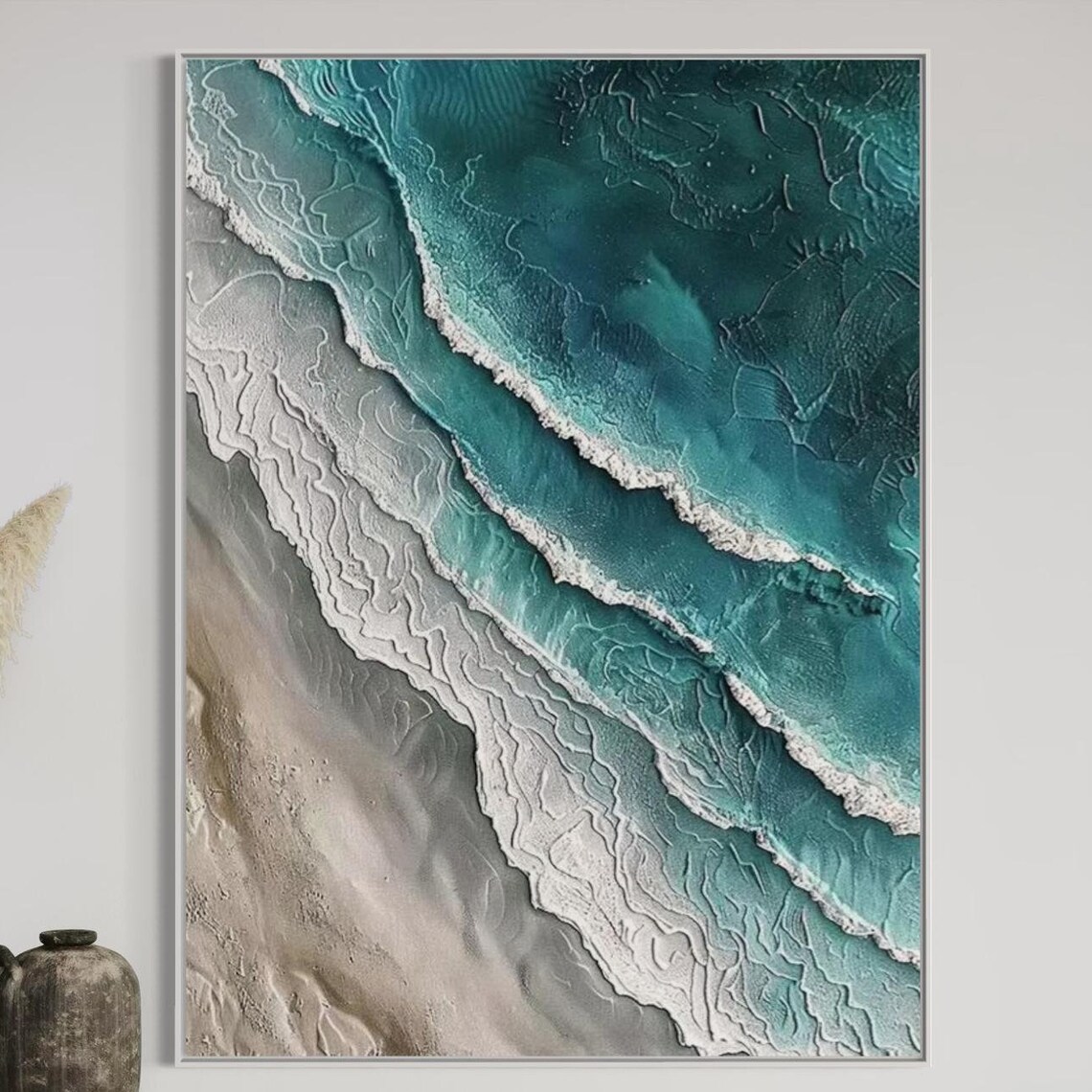 Aerial Turquoise Ocean Waves on Sandy Shoreline Seascape Poster