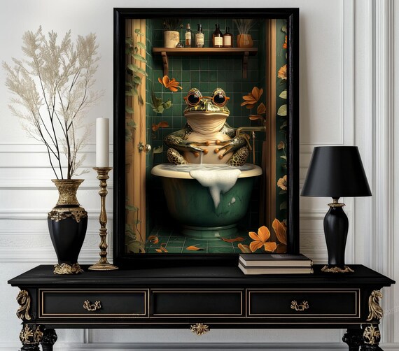 Funny Bathroom Frog Poster Animal On Toilet Wall Art Gag Gift For Guest Quirky Decor White Elephant 34