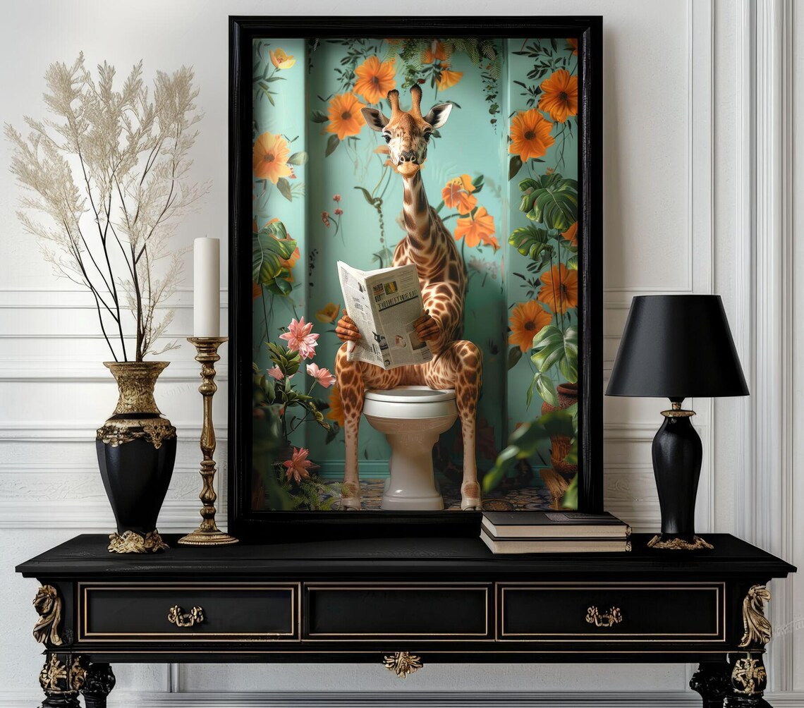 Funny Bathroom Giraffe Poster, Quirky Decor Art Print