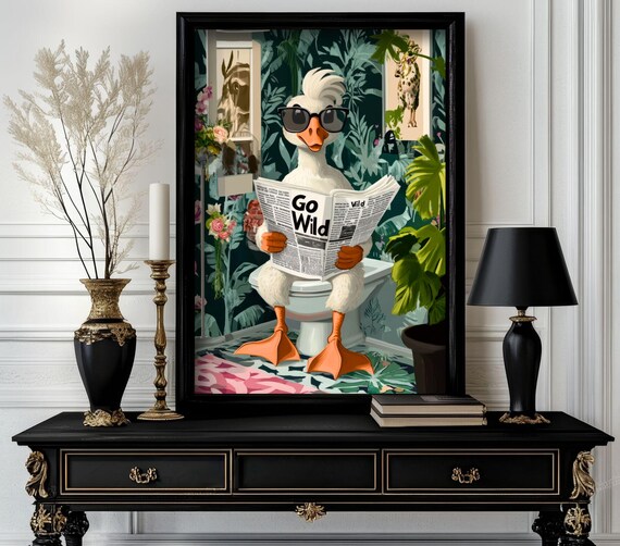 Funny Bathroom Goose Poster Animal On Toilet Wall Art Gag Gift For Guest Quirky Decor White Elephant 14