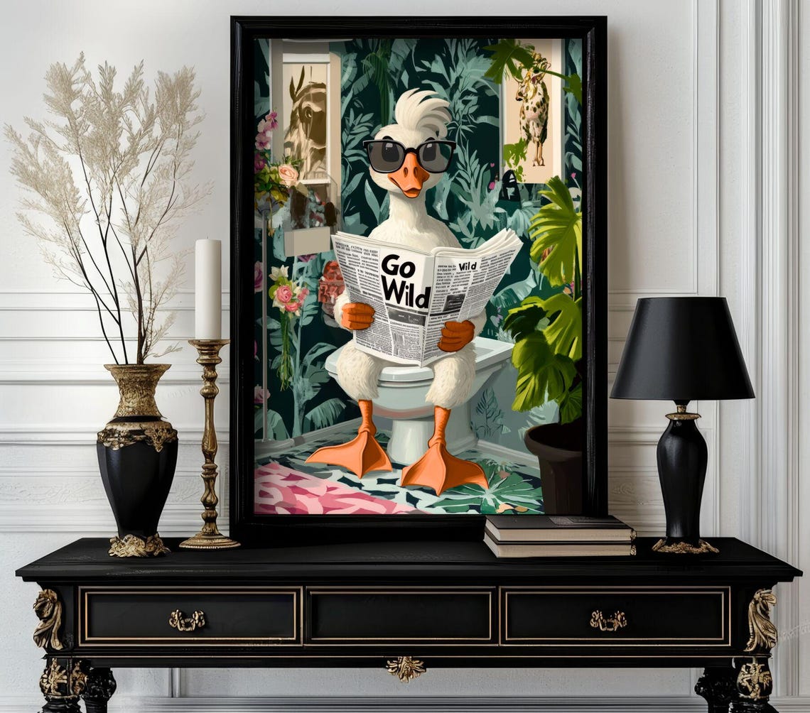 Cool Goose with Sunglasses Reading Newspaper Funny Bathroom Poster