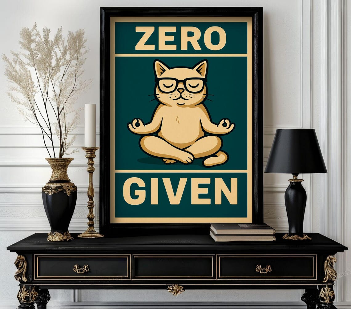 Zero Given Meditating Cat Glasses Retro Teal Cream Sassy Funny Poster