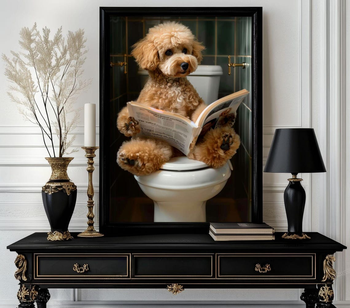Fluffy Poodle Reading Newspaper on Toilet Funny Bathroom Poster