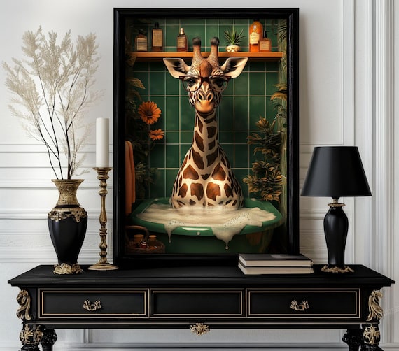 Funny Bathroom Giraffe Poster Animal On Toilet Wall Art Gag Gift For Guest Quirky Decor White Elephant 47