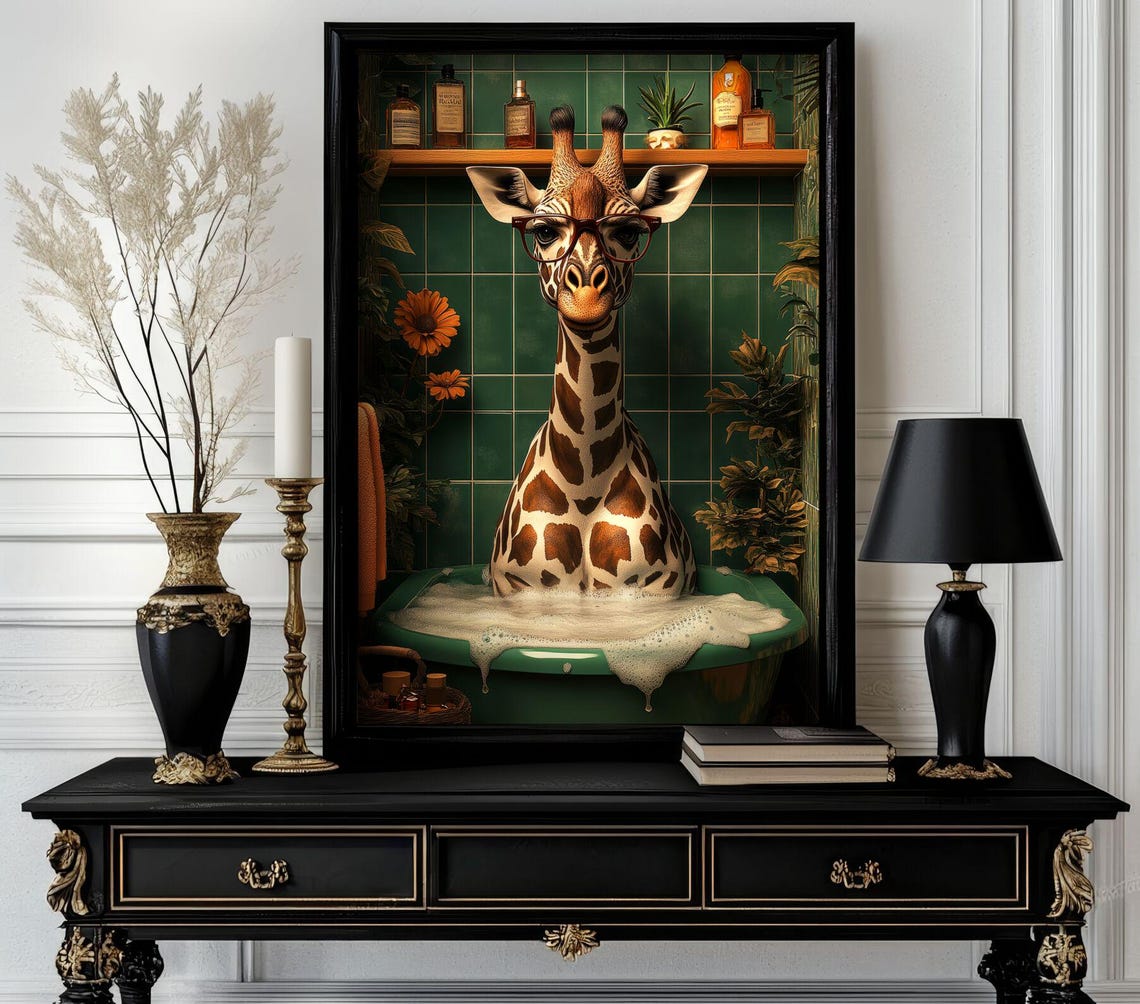 Funny Giraffe Wearing Glasses Relaxing in a Bubble Bath Poster