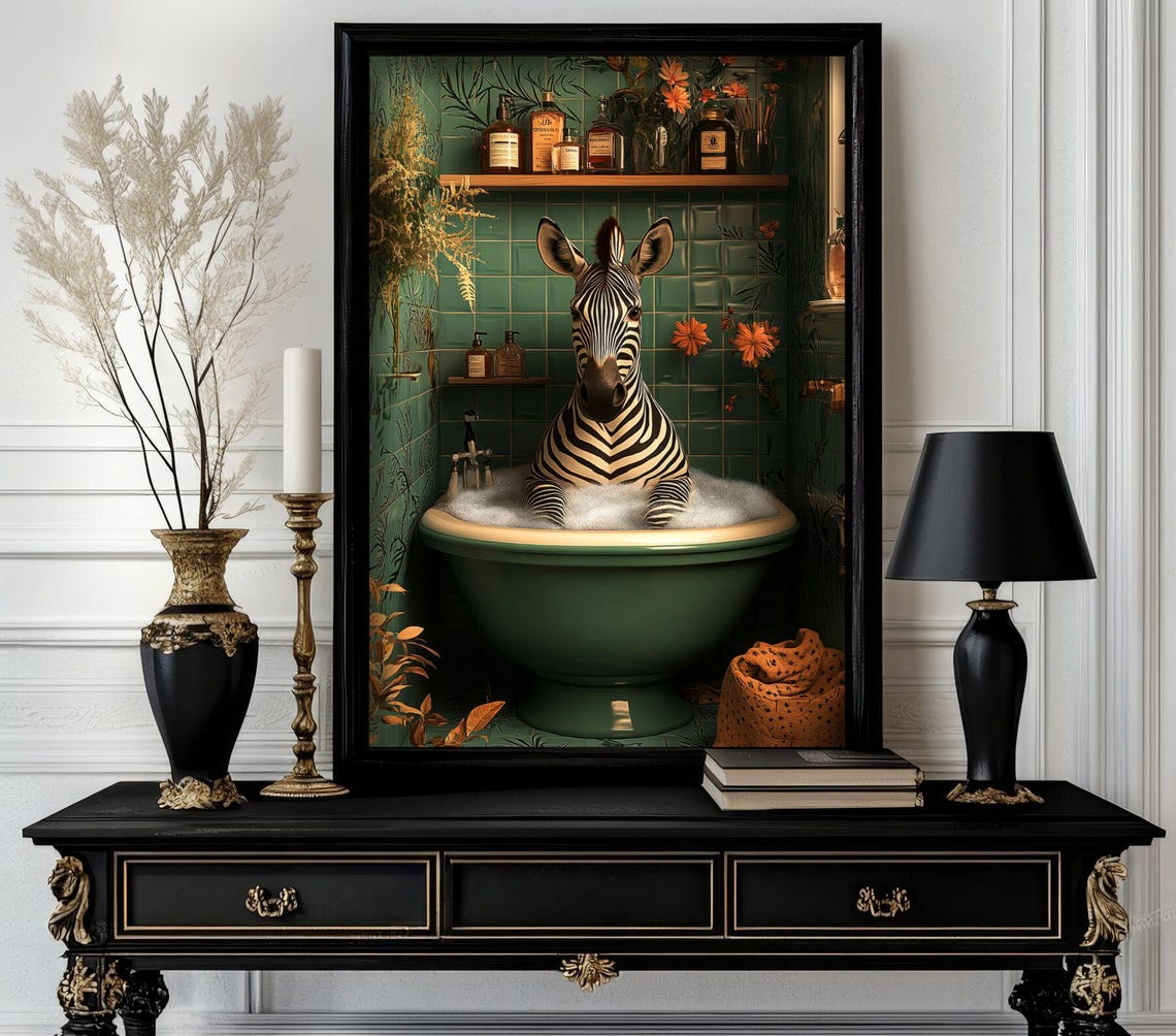 Zebra Relaxing in a Green Bubble Bath with Orange Blooms Poster