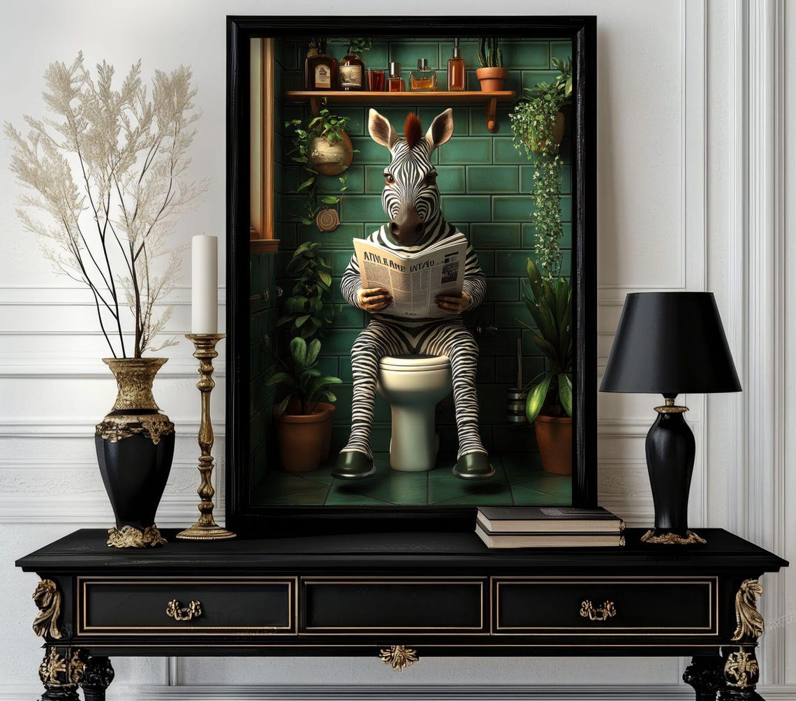 Zebra Sitting on Toilet Reading Newspaper Funny Bathroom Art Poster