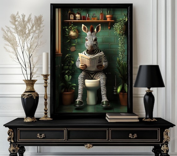 Funny Bathroom Zebra Poster Animal On Toilet Wall Art Gag Gift For Guest Quirky Decor White Elephant 219