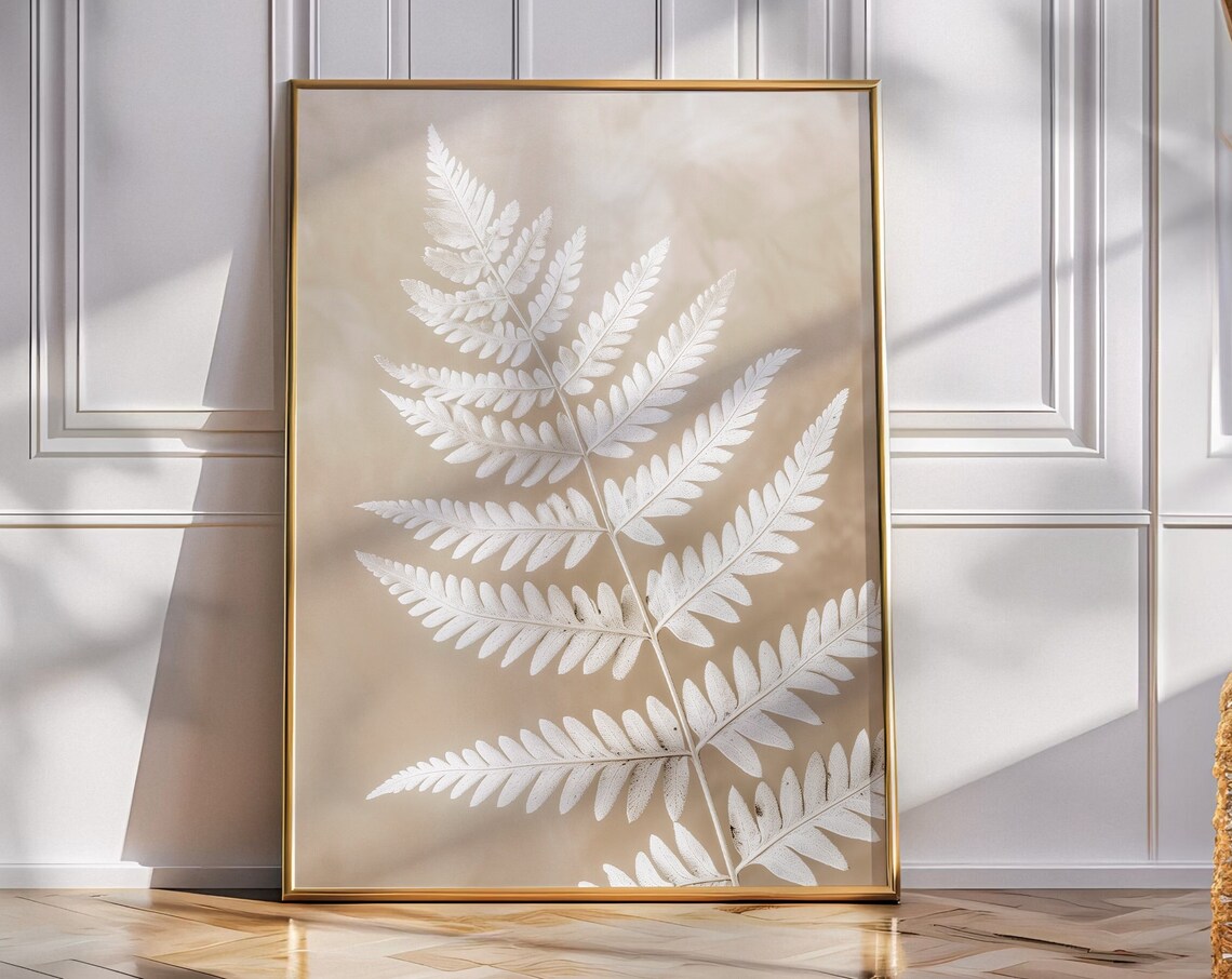 White Fern Frond Botanical Print On Warm Beige Linen Background