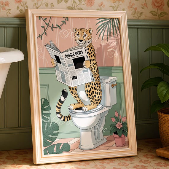 Cheetah On The Toilet Bathroom Wall Print Funny Home Decor Trendy New Gifts