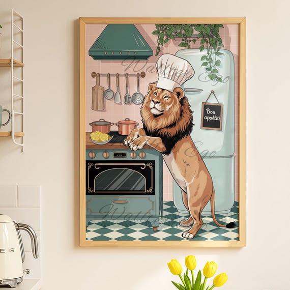 Lion In The Kitchen Wall Print Funny Animal Home Decor Trendy New Gifts