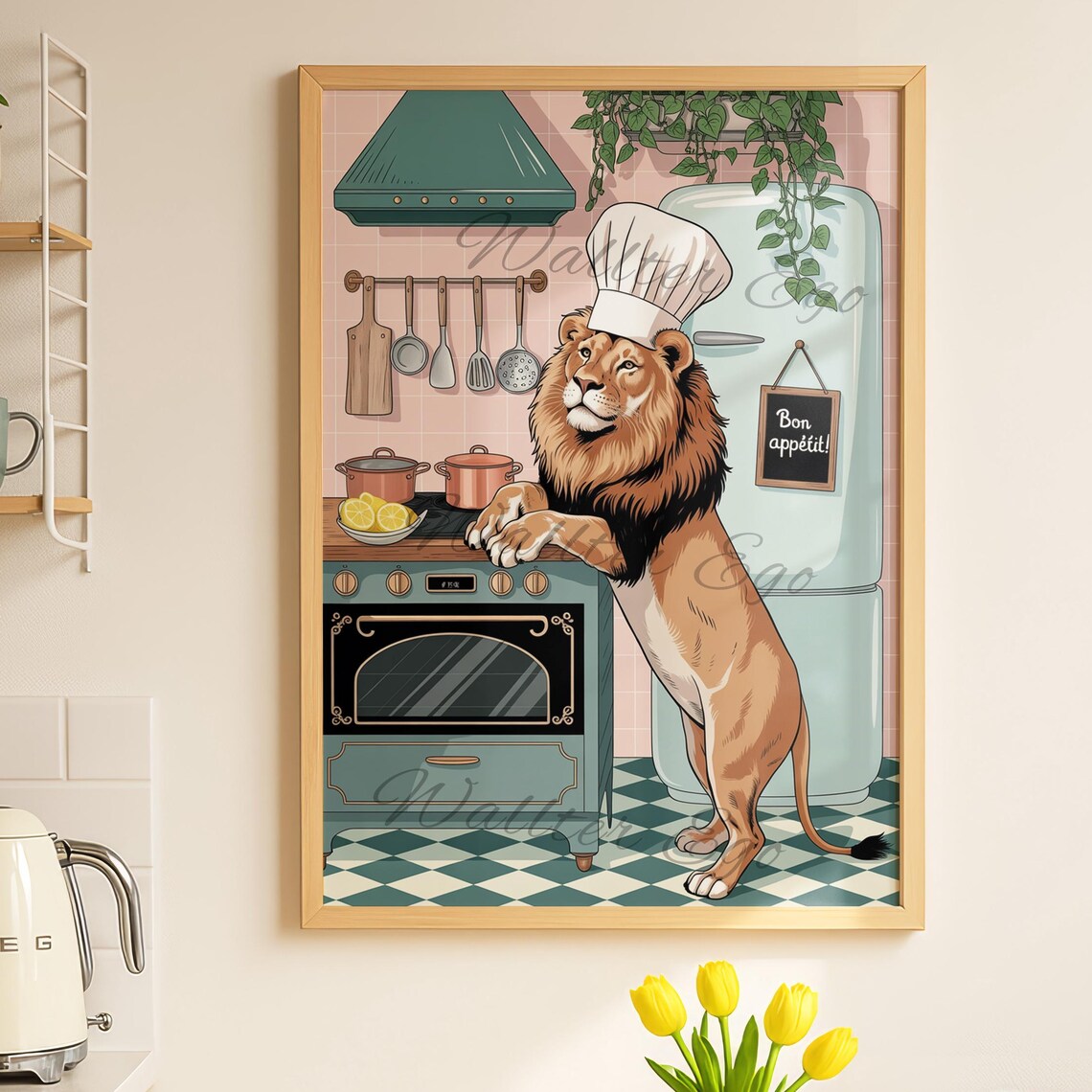 Lion Chef Bon Appetit Funny Animal Kitchen Retro Cooking Poster Art