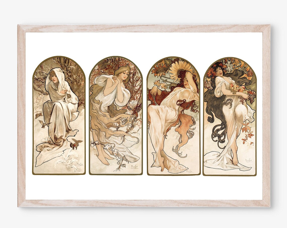 Alphonse Mucha Four Seasons Art Nouveau Panels Women Vintage Poster