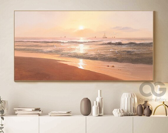 Sunset Beach Painting Golden Sun Seagulls Ships Panoramic Ocean Wall Art Poster