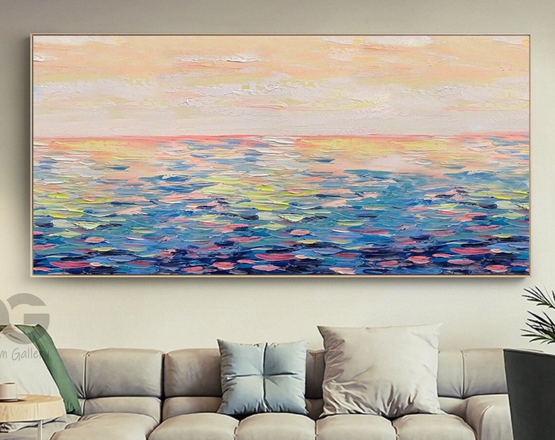 Pastel Sunrise Calm Ocean Panoramic Soft Pink Peach Seascape Poster