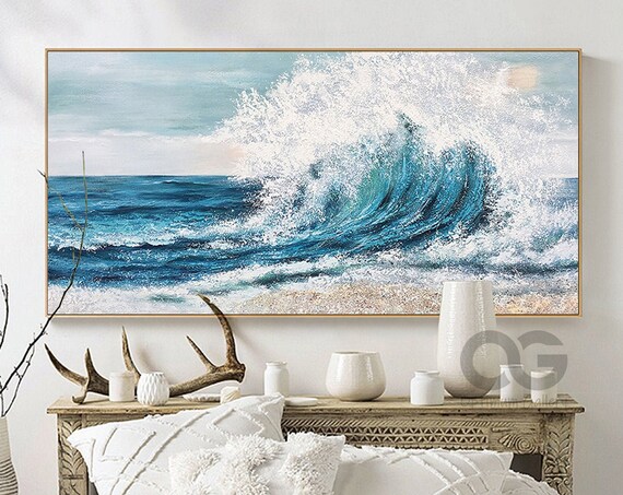 Panoramic Turquoise Wave Crashing White Spray Blue Ocean Art Poster