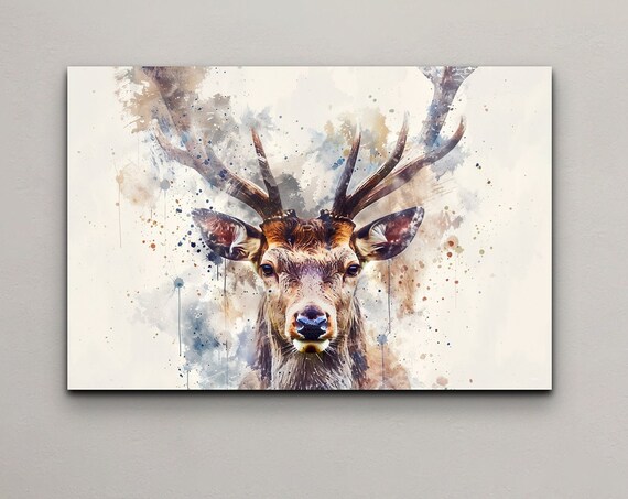 Watercolor Elk Stag Portrait With Majestic Antlers Neutral Tones Print
