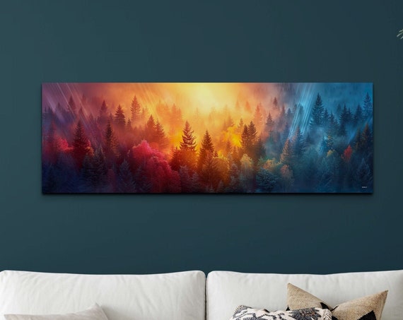 Colorful Forest Wall Art Print Panoramic Wall Decor Livingroom Ready To Hang Nature Decor Sunrise Sunset In A Pine Forest