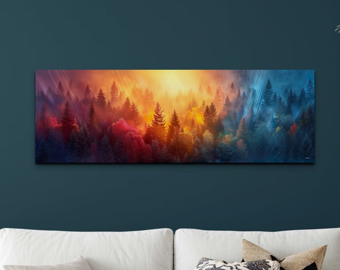 Vibrant Sunrise Through Misty Pine Forest Sunbeams Nature Art Poster