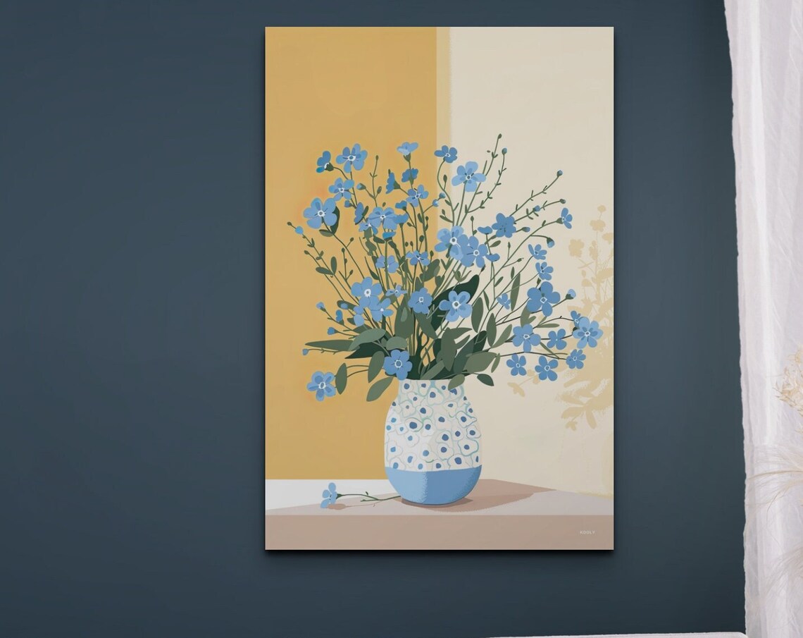 Blue Wildflowers in Patterned Vase Mustard Modern Floral Poster