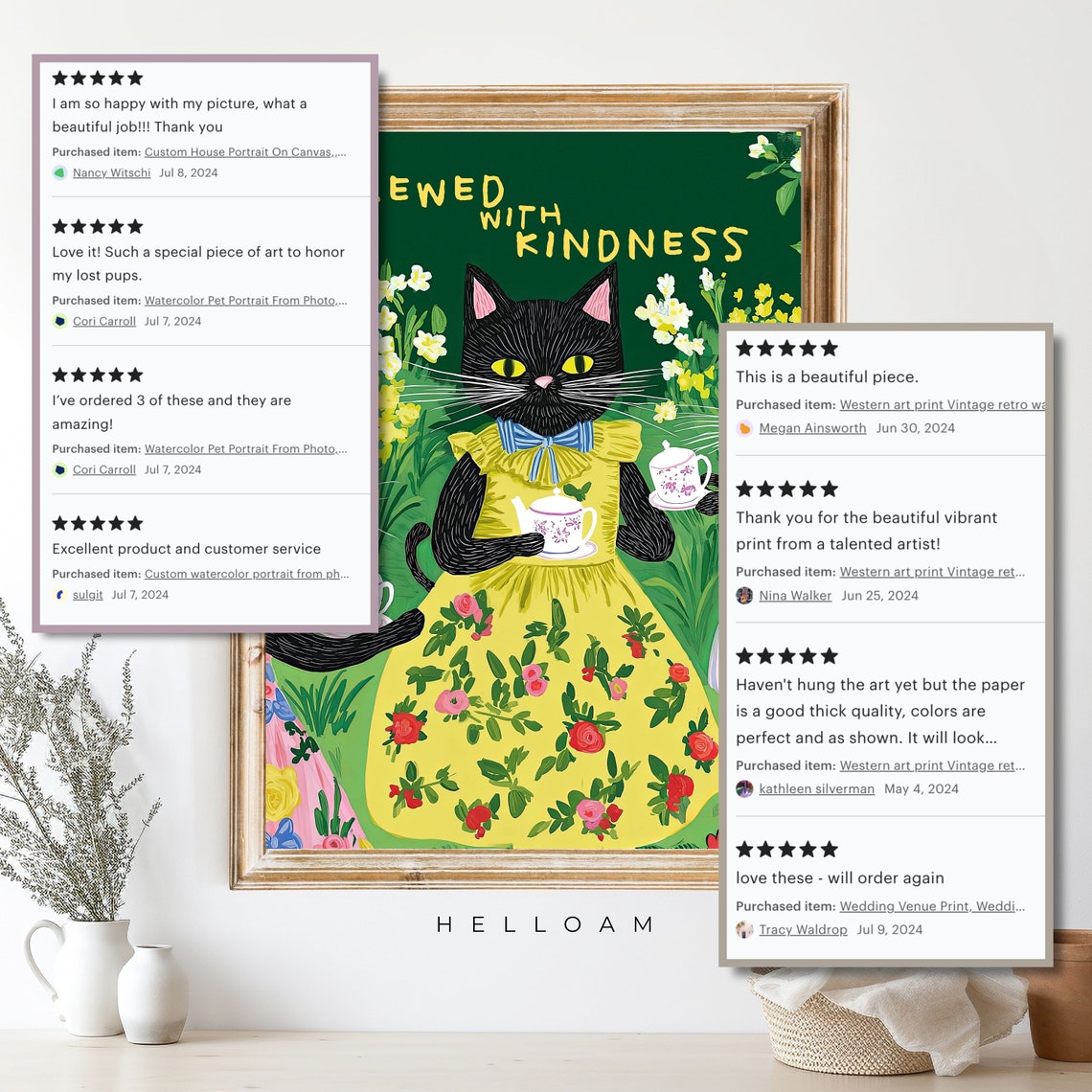 Brewed With Kindness Black Cat Tea Party Yellow Dress Cute Cat Poster - Image 4