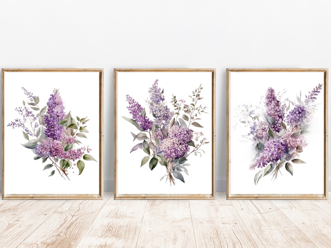 Purple Lilac Bouquet Watercolor Spring Floral Set of 3 Poster - Image 2